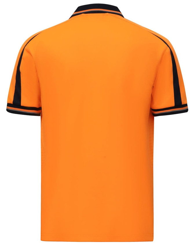 An orange short-sleeved polo shirt with black detailing and a logo on the chest.