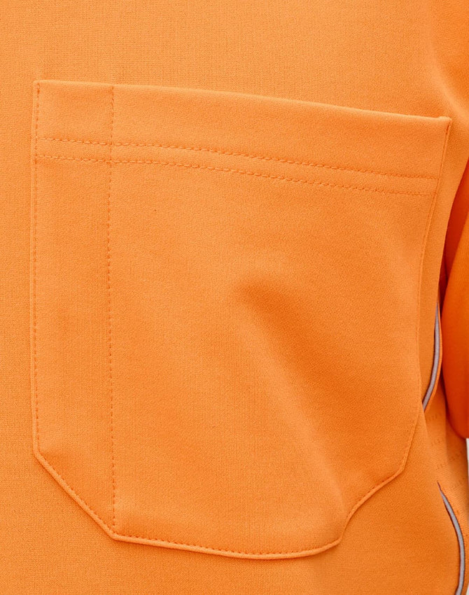 An orange safety polo shirt featuring a patch pocket and branded logo on the side.