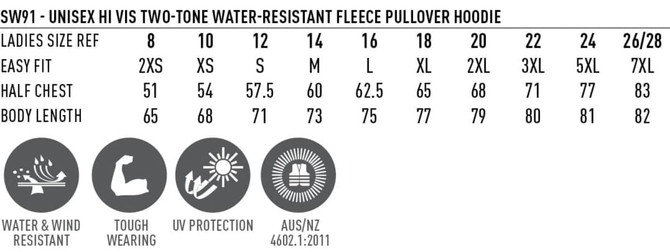 A chart detailing sizes and features of a Hi-Vis Two Tone Water Resistant Fleece Hoodie, featuring various measurements.