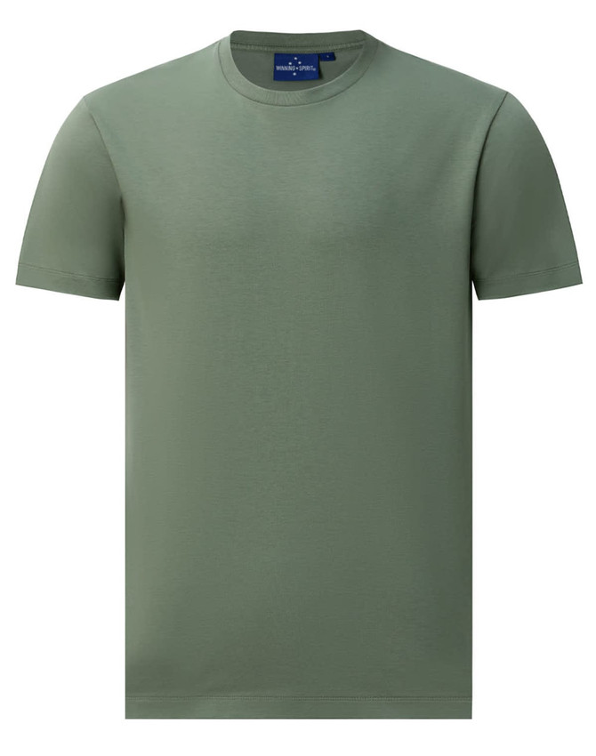 A men's short-sleeve tee shirt in a muted green colour, featuring a simple design and a logo near the neckline.