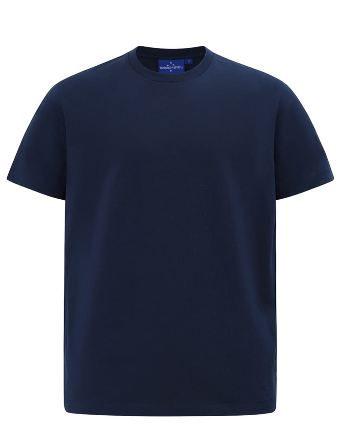 A navy blue men's premium cotton short-sleeve T-shirt, featuring a simple design and logo.