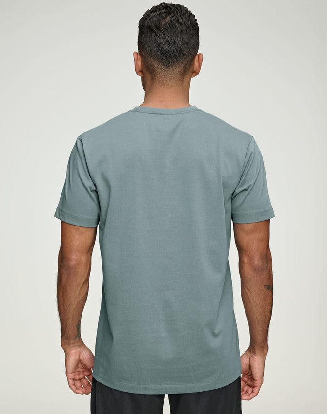 A men's premium cotton short-sleeve tee shirt in a muted green colour, featuring a simple design and a logo.