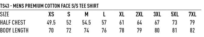 A size chart for Men's Premium Cotton Face S/S Tee Shirt, detailing measurements for various sizes.