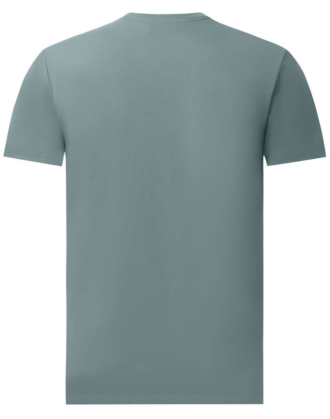 A men's premium cotton short-sleeve tee shirt in a muted blue-green colour, featuring a logo.