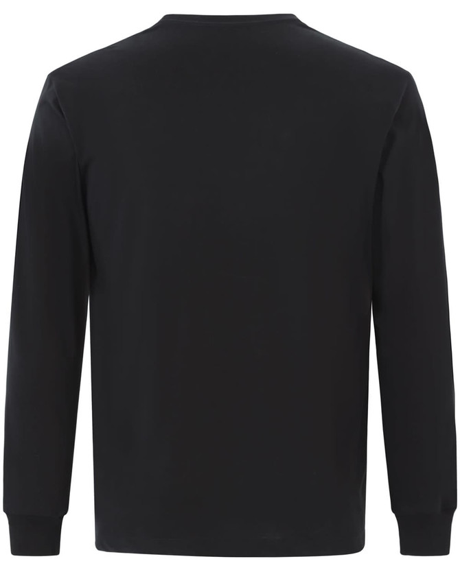 A back view of a black long-sleeve cotton T-shirt with a plain design and fitted cuffs.