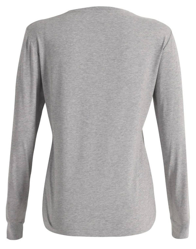 A grey premium cotton long-sleeve ladies' tee shirt with a simple design and a subtle logo.