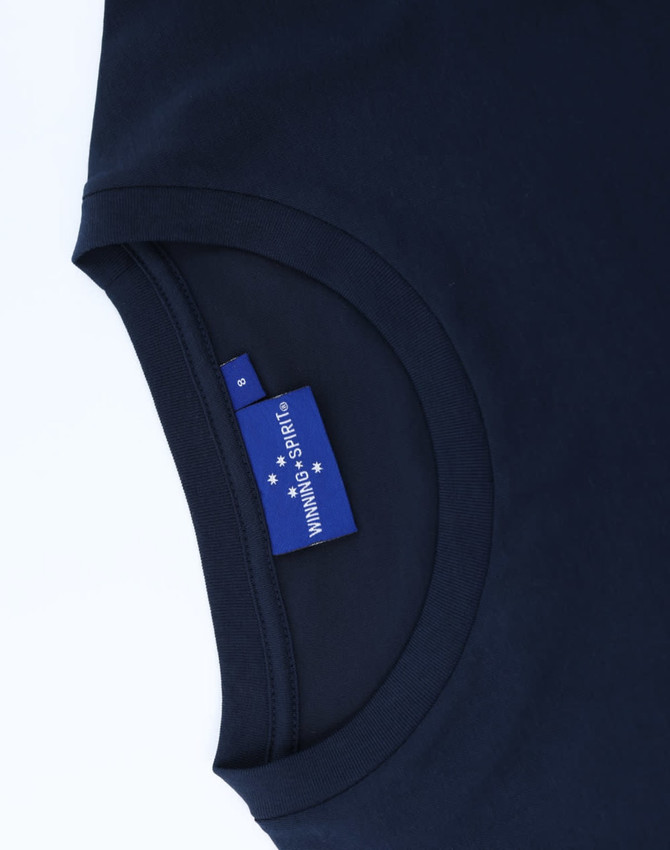 A navy blue premium cotton long sleeve tee shirt with a label inside the neckline.