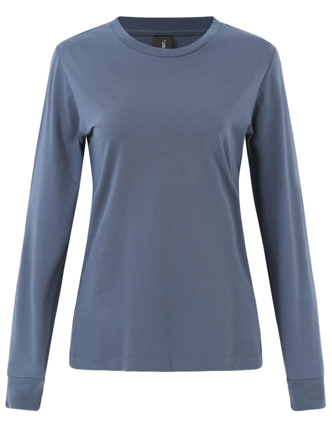 A long-sleeve tee shirt in blue with a fitted design and a logo on the neckline.