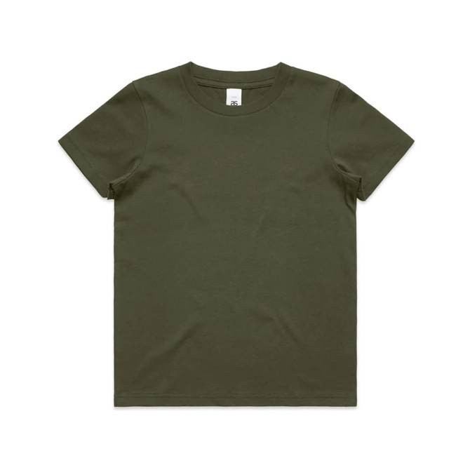A dark olive green kids' T-shirt featuring a crew neck and short sleeves, with a branding label.