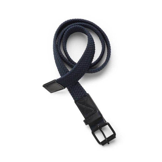 A dark navy mesh belt with a black buckle and leather tip, featuring a woven design.