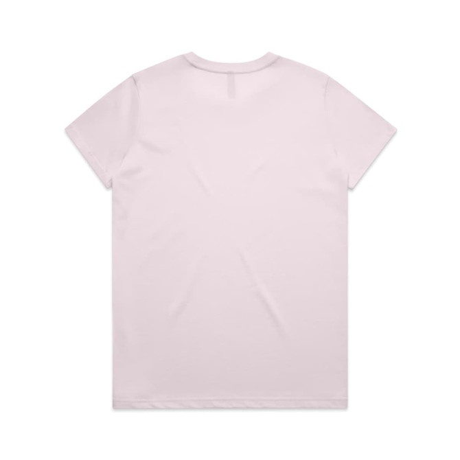 A plain light pink T-shirt with a round neckline and short sleeves, featuring a logo on the back.