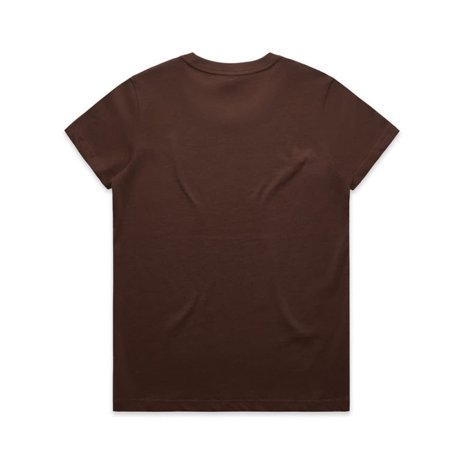 A brown t-shirt with short sleeves and a plain back. It features a logo on the back.