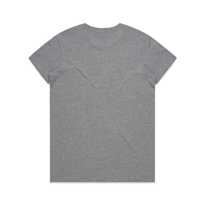 A grey t-shirt with short sleeves and a plain back, featuring a logo.
