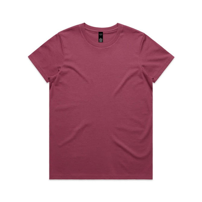 A maroon T-shirt featuring a simple design and a tag, suitable for casual wear.
