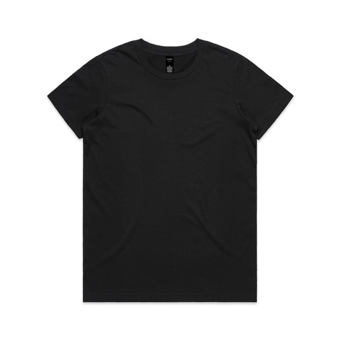 A black T-shirt featuring a round neckline and short sleeves, with a brand logo inside the collar.