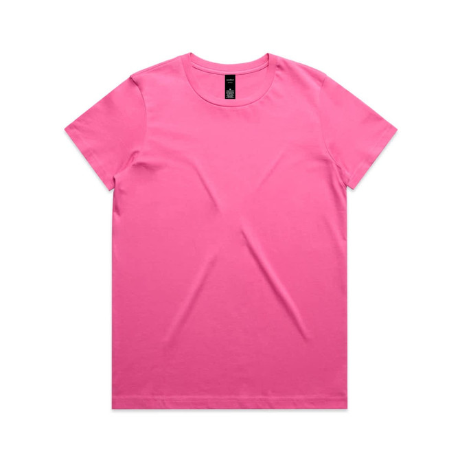 A pink T-shirt featuring a round neckline and a logo on the label. No other details are visible.