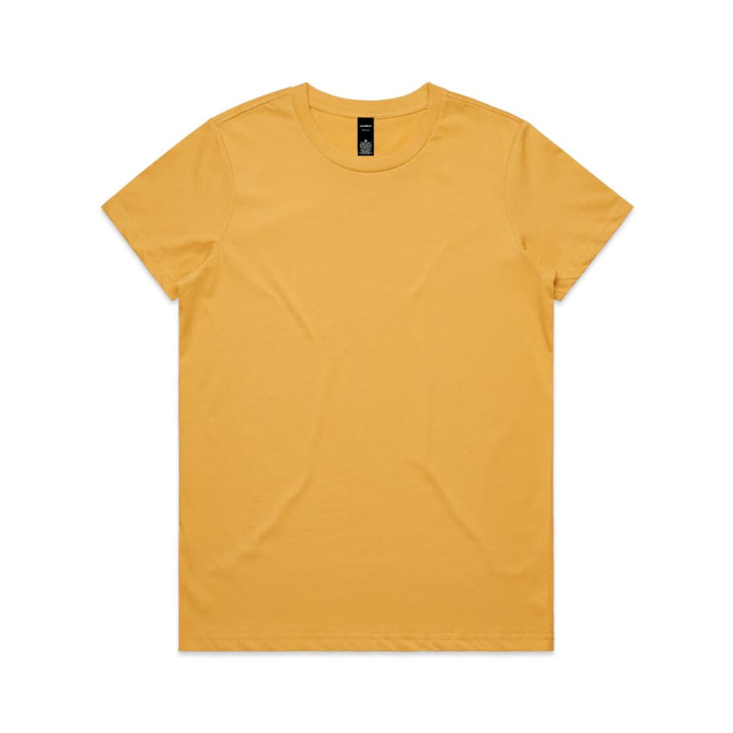 A plain yellow T-shirt with a round neckline and short sleeves, featuring a logo on the tag inside.