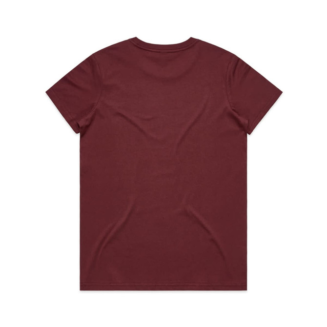 A maroon T-shirt with a simple design, featuring a branded logo on the back.