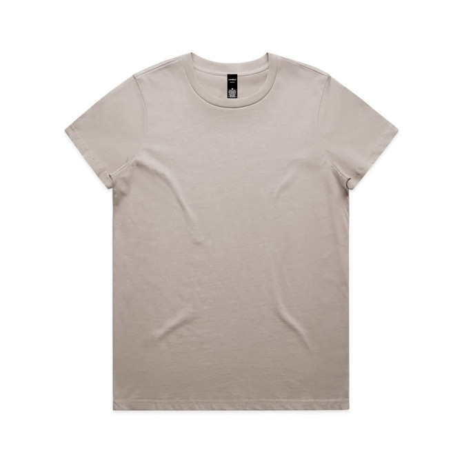 A light beige T-shirt featuring a round neckline and short sleeves, with a logo on the tag.