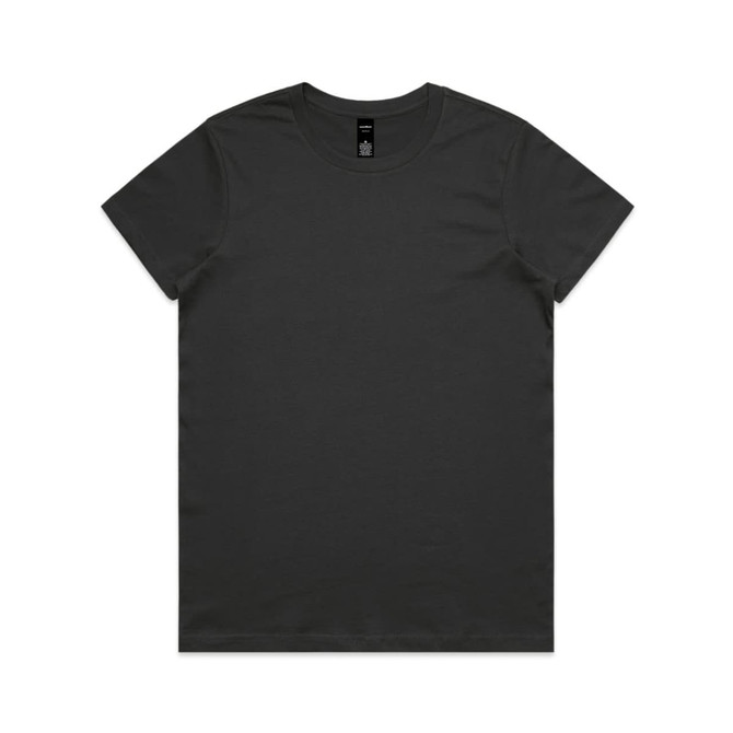 A black t-shirt displayed flat, featuring a round neck and short sleeves, with a branding label inside the collar.