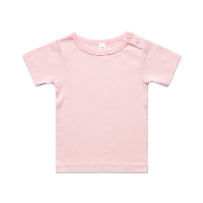 A pink organic infant T-shirt featuring a round neckline and snap button details on the shoulder.