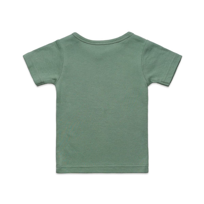 A green organic infant t-shirt with a short-sleeve design. Features a plain back and includes a branding logo.