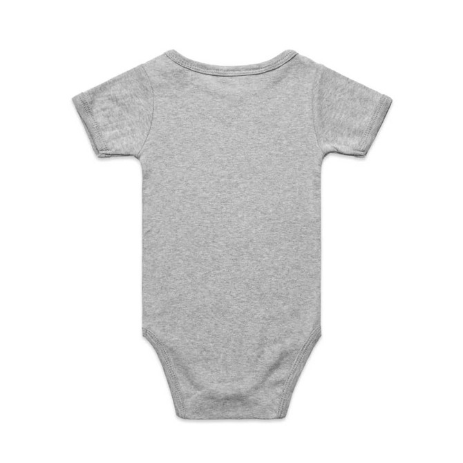 A grey organic infant one-piece with short sleeves and a snap closure at the bottom. It has a logo on the back.