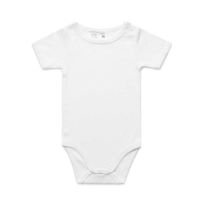 A white organic infant one-piece with short sleeves and snap buttons, featuring a simple, clean design.