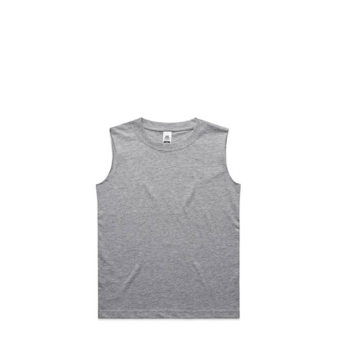 A sleeveless grey tank top featuring a logo on the label.