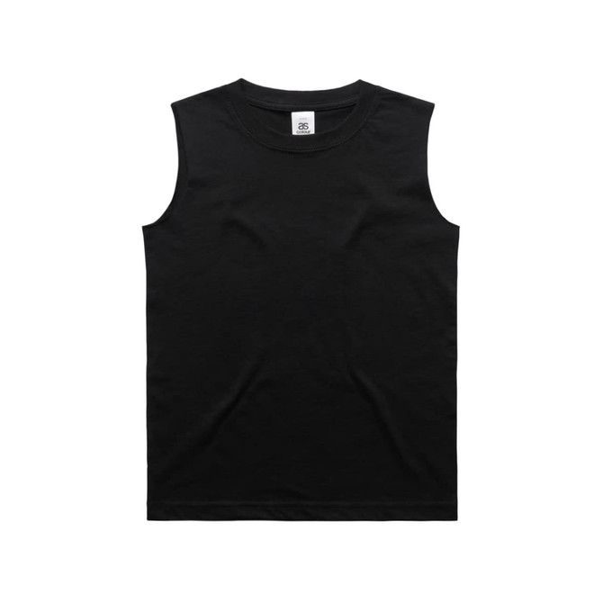 A black youth tank top with a round neckline and sleeveless design, featuring a label inside.