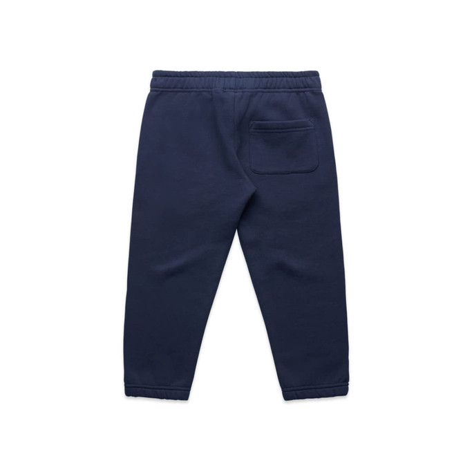 Navy track pants with a tapered leg and a single back pocket, featuring an elastic waistband.