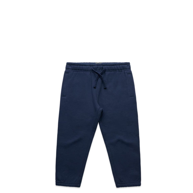 Navy track pants with a drawstring waistband and two side pockets, featuring a logo. Suitable for kids.