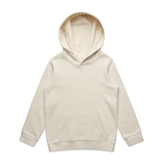 A cream-coloured hoodie with a large hood and a front pocket. It features a subtle logo.
