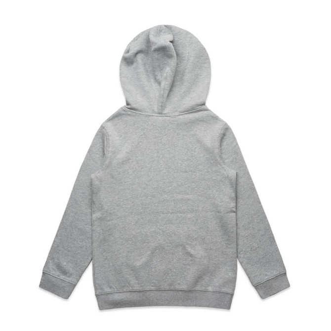A grey hoodie featuring a kangaroo pocket and a hood, showcasing a plain back design. It includes a logo.
