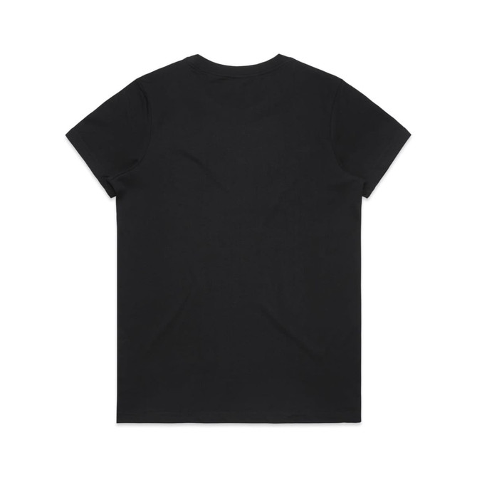 A black, short-sleeved T-shirt with a plain design and a logo on the back.