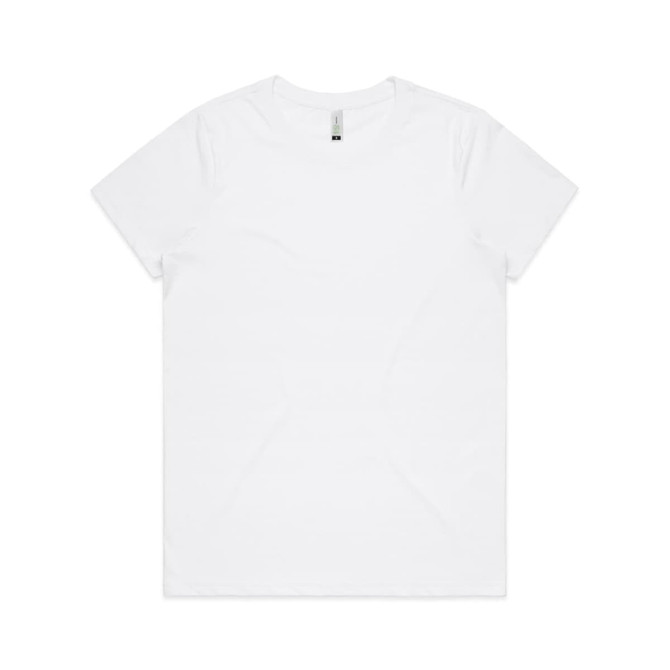 A plain white organic t-shirt with a round neckline and short sleeves. It features a brand logo on the label.