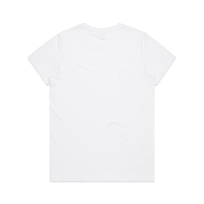 A plain white cotton T-shirt with short sleeves and a crew neckline, featuring a logo on the back.