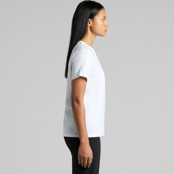 A white organic t-shirt displayed from the side, featuring a simple design and a logo.