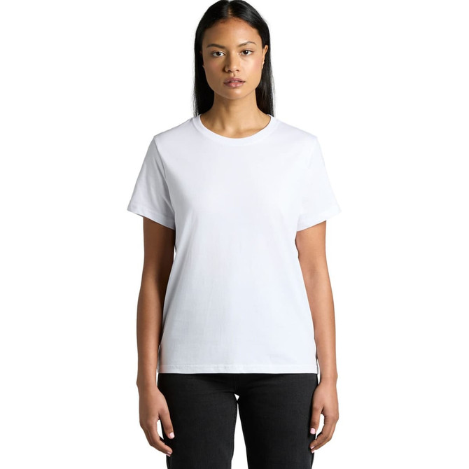 A plain white T-shirt with short sleeves, featuring a logo on the chest.