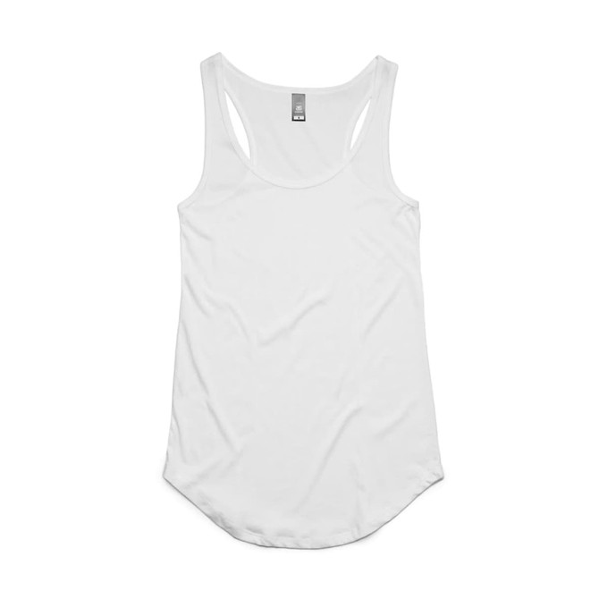 A white racerback tank top with a rounded hem and shoulder straps. It features a logo at the neck.