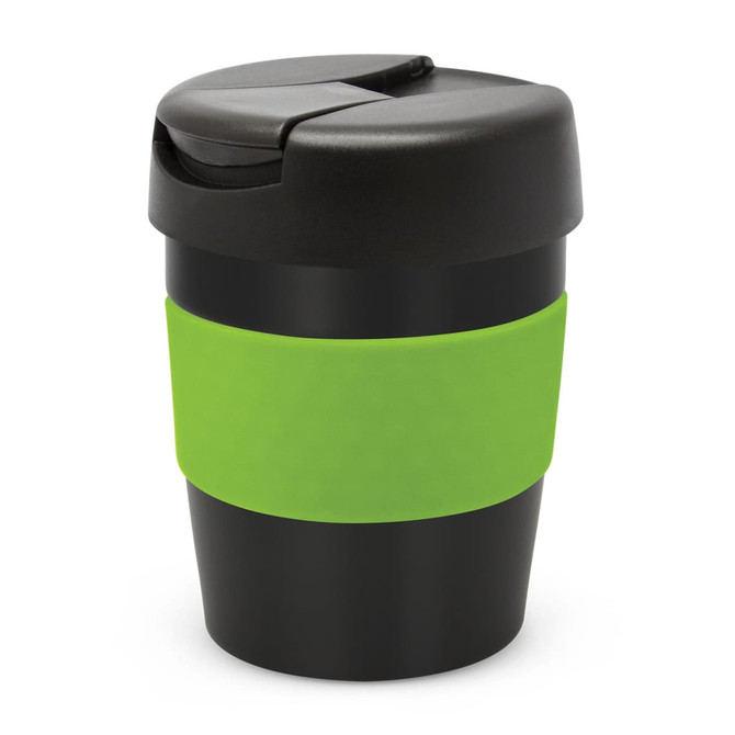 A drink bottle in black with a green silicone band and a secure lid, featuring a logo.