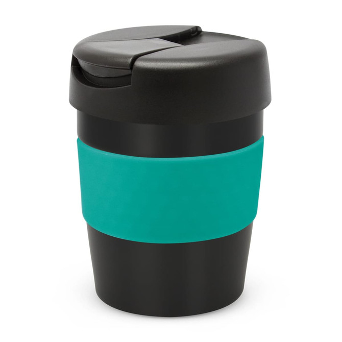 A drink bottle with a black body and a teal silicone band, featuring a black lid. It has a branding logo.