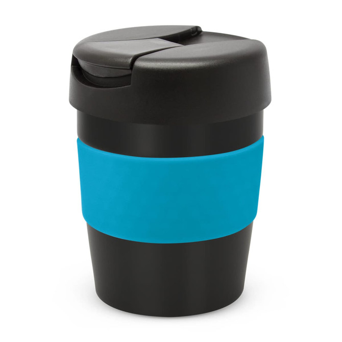A drink bottle in black with a blue silicone grip, featuring a secured lid and a sleek design.
