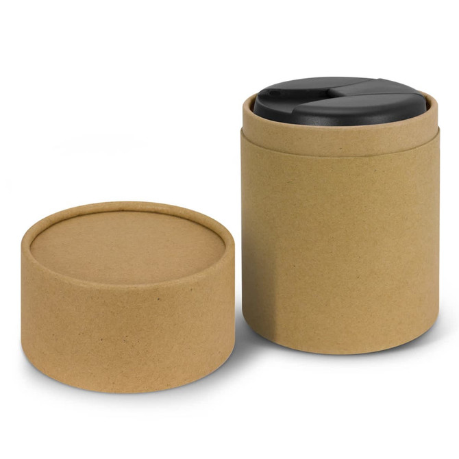A drink bottle in a cylindrical cardboard holder, featuring a black lid, presented on a white background.
