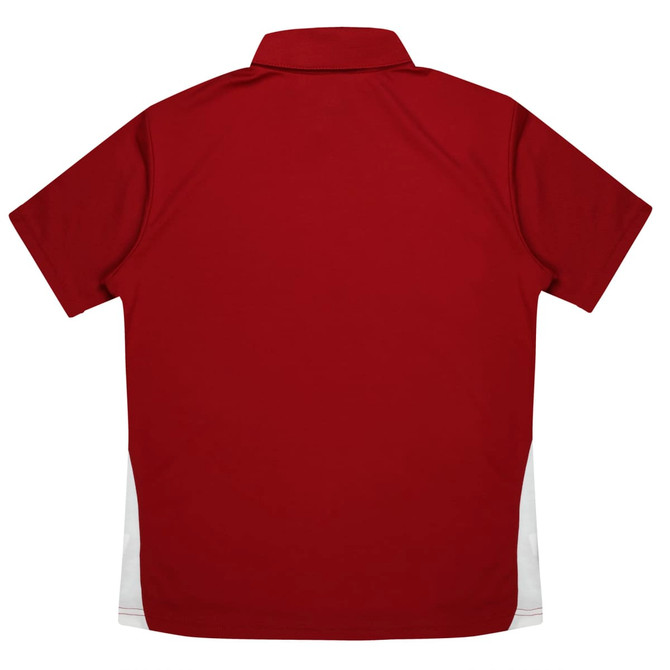 A red polo shirt with a white design on the sides and a collar. The back is plain with no logos.