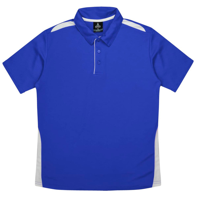 A blue polo shirt with white side panels and a collar, featuring a logo on the upper back.