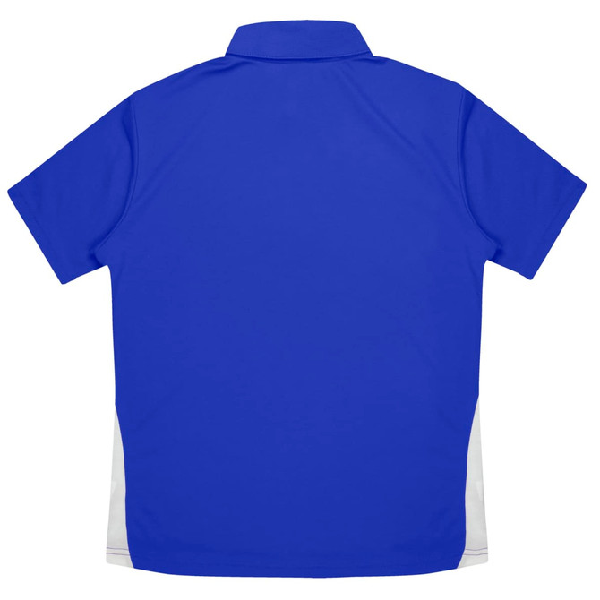 A blue polo shirt with white side panels. The shirt features a collar and a logo.