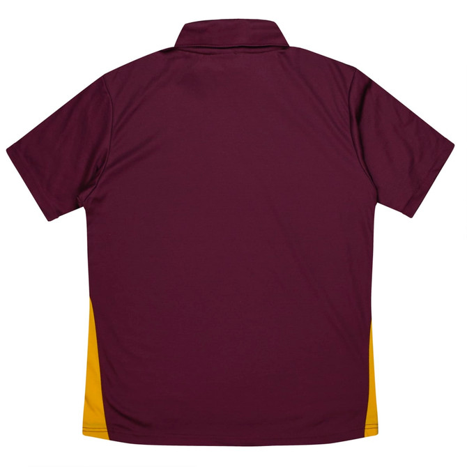 A maroon polo shirt with yellow side panels and a collar, featuring a logo on the back.