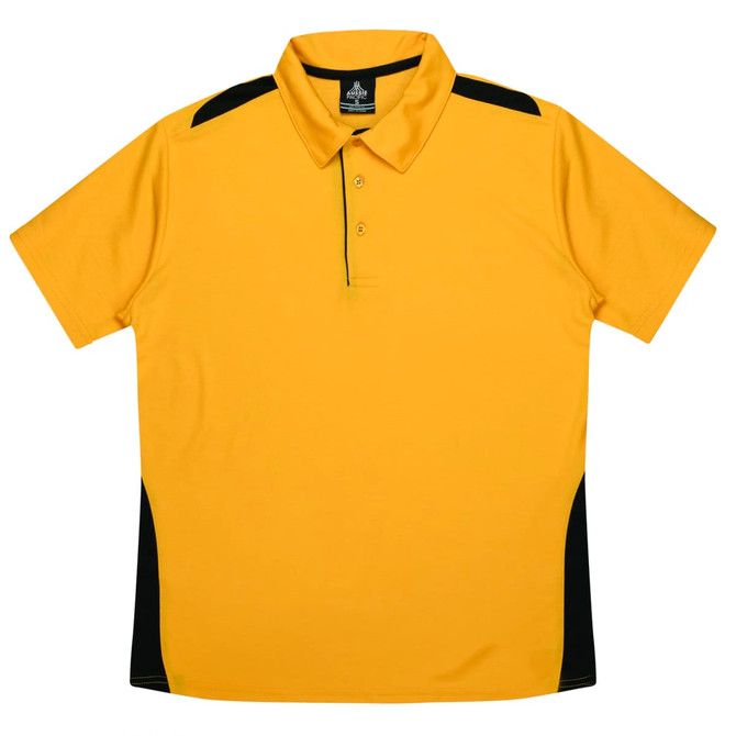 A yellow polo shirt with black accents, featuring a collar and three buttons, and a logo on the label.