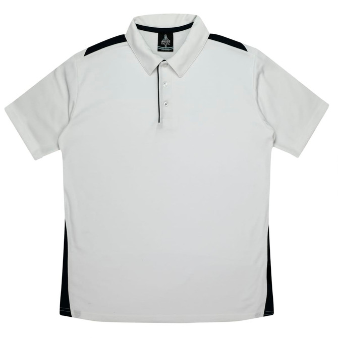 A white polo shirt featuring black side panels and a collar, with a logo on the chest.